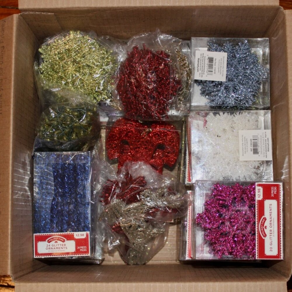 Huge Lot of Glitter Christmas Ornaments Snowflakes Deer Trees Icicles Stars